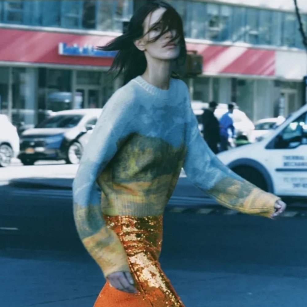 Orange Sequin Skirt with Blue and Yellow Sweater
